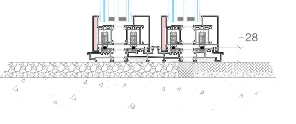 Disegno tecnico delle soglie inferiori nella versione appoggio su pavimento dei serramenti blindati.