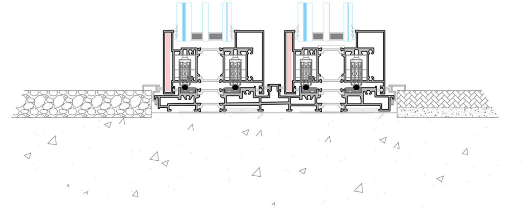 Disegno tecnico delle soglie inferiori nella versione telaio a filo pavimento dei serramenti blindati.