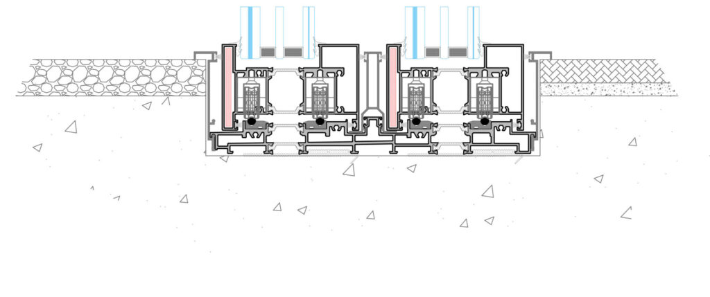 Disegno tecnico delle soglie inferiori nella versione anta a filo pavimento dei serramenti blindati.